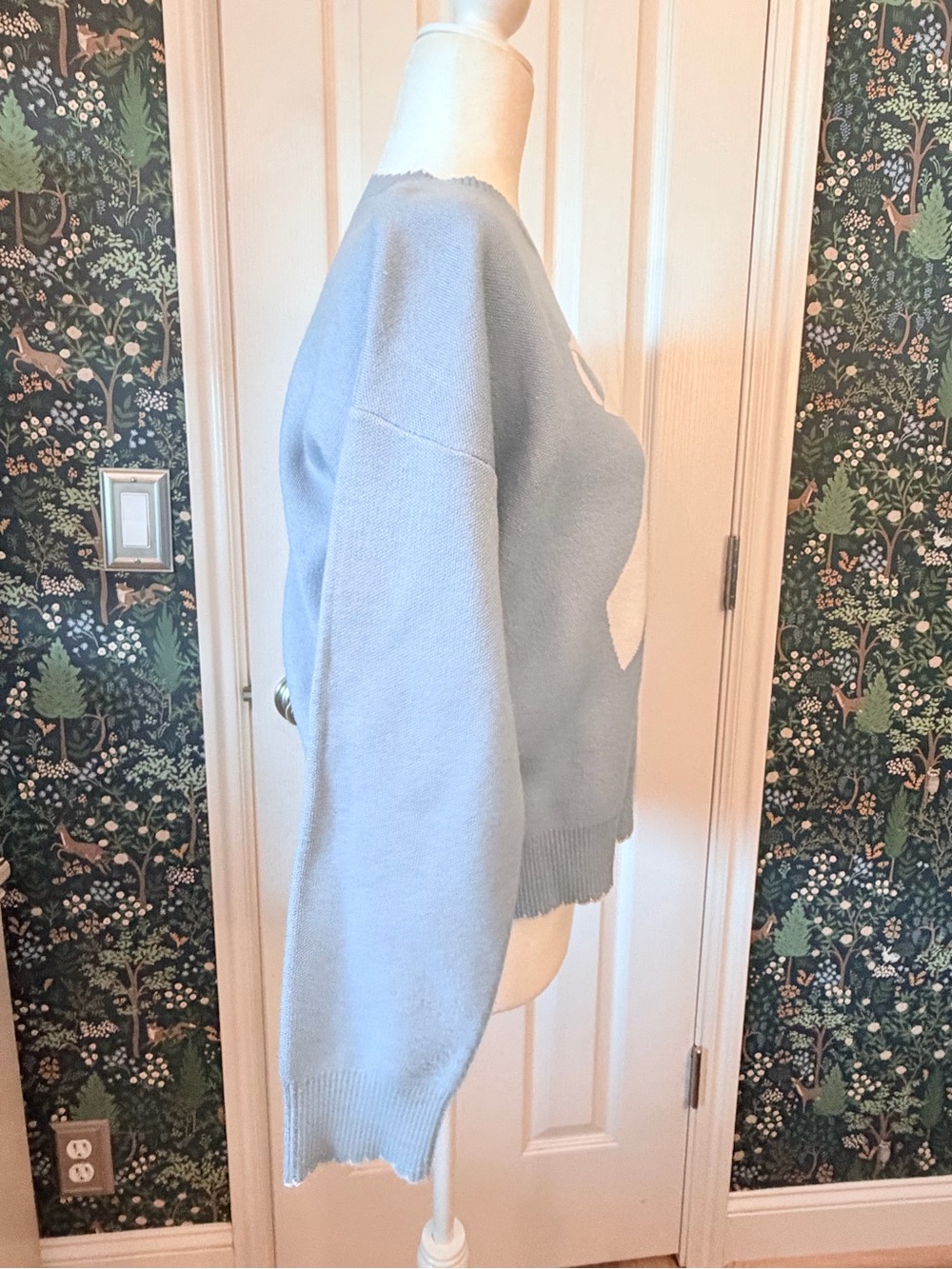 Women's Light Blue Crewneck Sweater with White Bow Detail - Picture 2 of 5